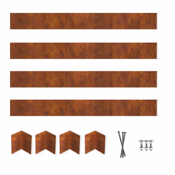 Időtálló fém Corten acél ágyásszegély, szettben, minden szükséges kiegészítővel. Ágyásszegély szett mérete: 1m x 1m x 10 cm