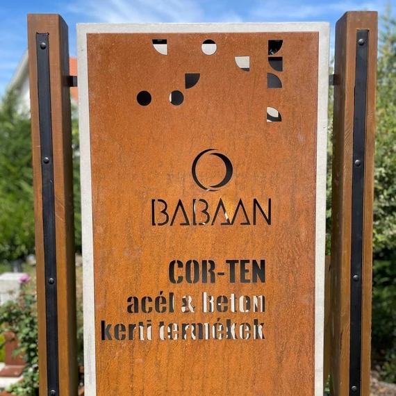 Corten és beton cégtábla, megállítótábla